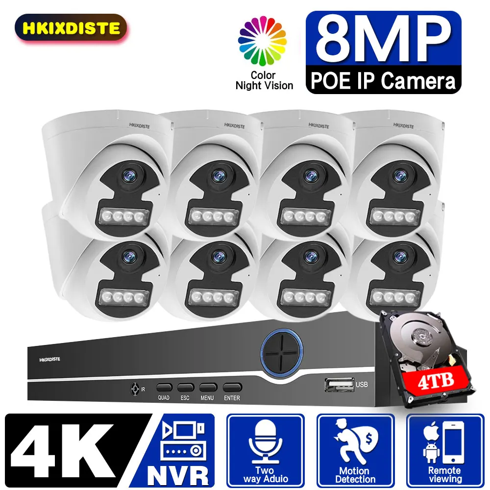 HD 8CH H.265 8MP 4K POE NVR Kit двухстороннее аудио наружная красочная купольная камера