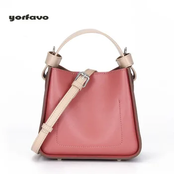 

Hot-sale new Genuine Leather ladies bag bucket fashion simple contrast color stitching shoulder bag with Wide handle
