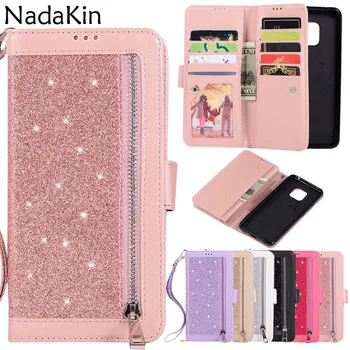

Luxury Glitter Zipper Wallet Book Case Shell for Huawei P20 P30 Pro Mate 10 20 Lite Flip Cover Phone Bag With Strap Card Slots