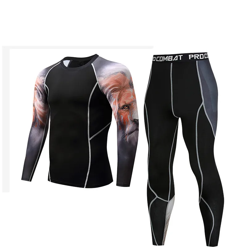 Мужское термобелье для фитнеса компрессионная мужская футболка+ колготки холодное зимнее нижнее белье Мужская спортивная одежда для бега Качественный костюм - Цвет: 2002-1004