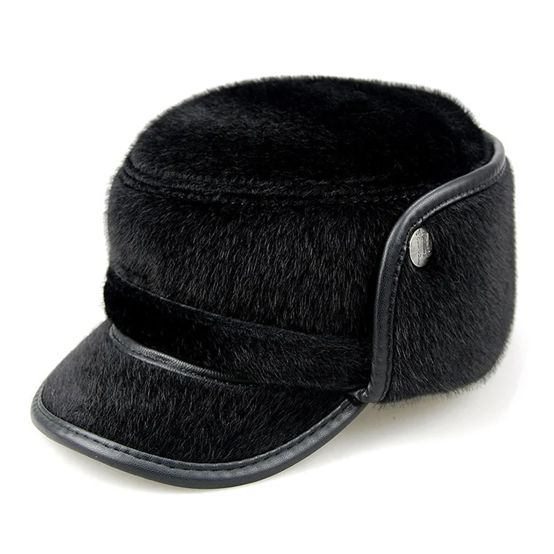 Зимняя шапка из искусственного меха норки, кепки с козырьком для пожилых людей из искусственной кожи, лыжная шапка, теплая уличная шапка-ушанка для папы - Color: Black