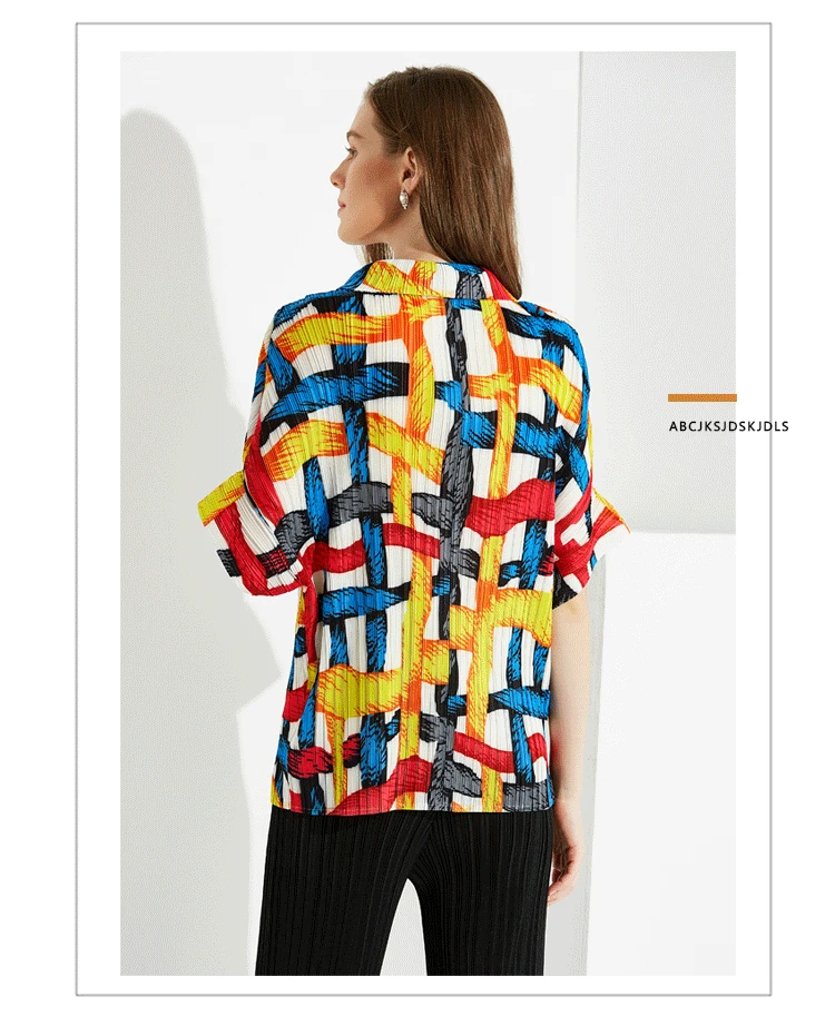 Большие размеры рубашки женские оптом 2019 осень Печатный отложной воротник с коротким рукавом однобортный стрейч Miyake плиссированная блузка