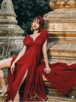 

Summer Dresses Women Vintage Elegant Sexy Split Beach Boho Dress Retro Lace V-Neck Cotton Linen Vacation Holiday Red Long Dress