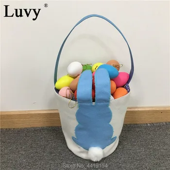 

Luvy 50pcs/lot Easter Bunny Basket Bags for Kids Canvas Carrying Gift and Eggs Hunt Bag Fluffy Tails Printed Rabbit Toys Bucket