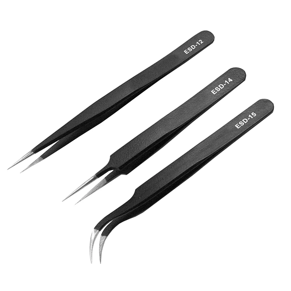 Metal Non-magnetic Stainless Steel Anti-static Tweezers ESD Plier for Jewelry ICs SMD SMT 3pcs with tweezer tool tweezers repair tool electronic component gripper