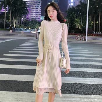 

Woman Dress White Black Autumn And Winter Plus Size Women's Long Round Neck Collar Waist Knit Sweater Dress Lace Hem Oversized L