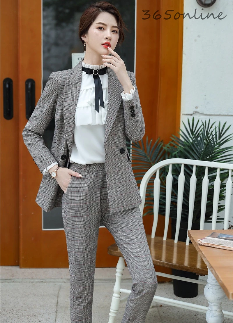 Elegante TELA ESCOCESA uniforme para mujer, trajes con pantalones y chaquetas, abrigo, ropa de trabajo de negocios, estilo OL, conjunto de chaquetas|Trajes pantalón| - AliExpress
