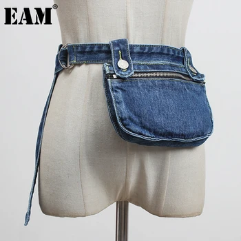 

[EAM] Blue Denim Pocket Split Joint Irregular Long Belt Personality Women New Fashion Tide All-match Spring Autumn 2020 1Z432
