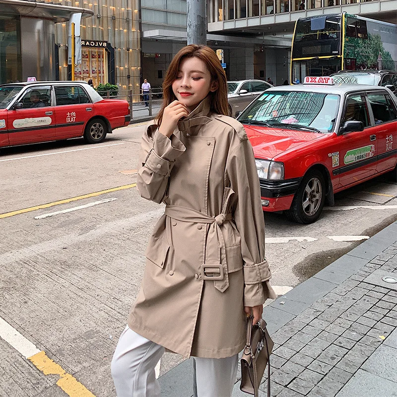 

2019 Korean Pleasant Spring Clothing Korean-style New Style Solid Color Lace-up Waist Hugging Trench Coat Women's Mid-length Loo