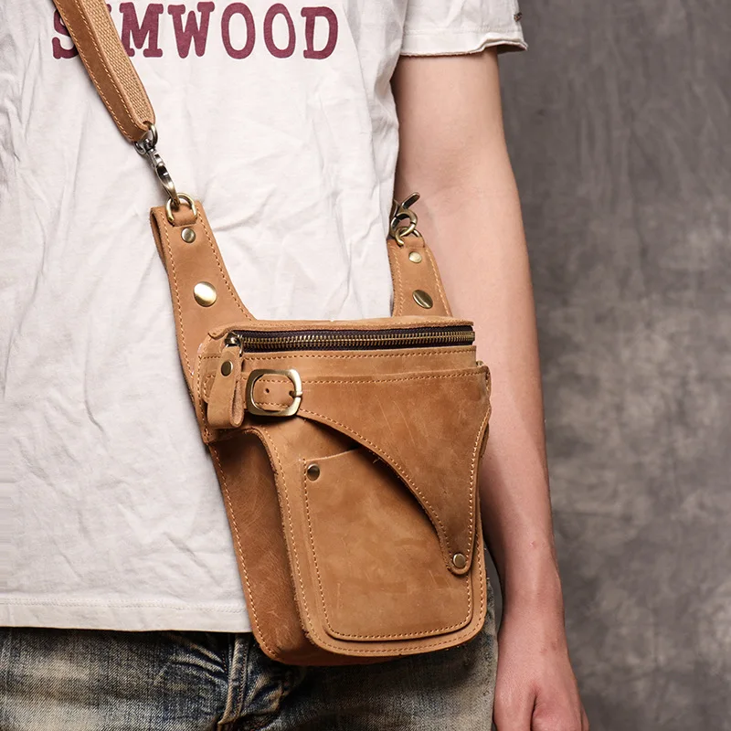 

Genuine Leather Men Design Casual Messenger Shoulder Sling Bag Fashion Multifunction Waist Belt Pack Drop Leg Bag Pouch