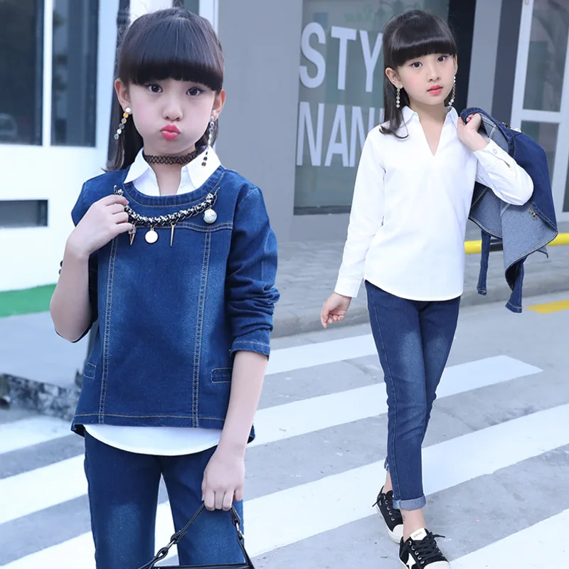 Children Clothing Suits 3pcs sets Jacket+ Pant+T-shirt Teens Girls Cowboy Long-Sleeve Design Sets Kids Girls Cloth Sets