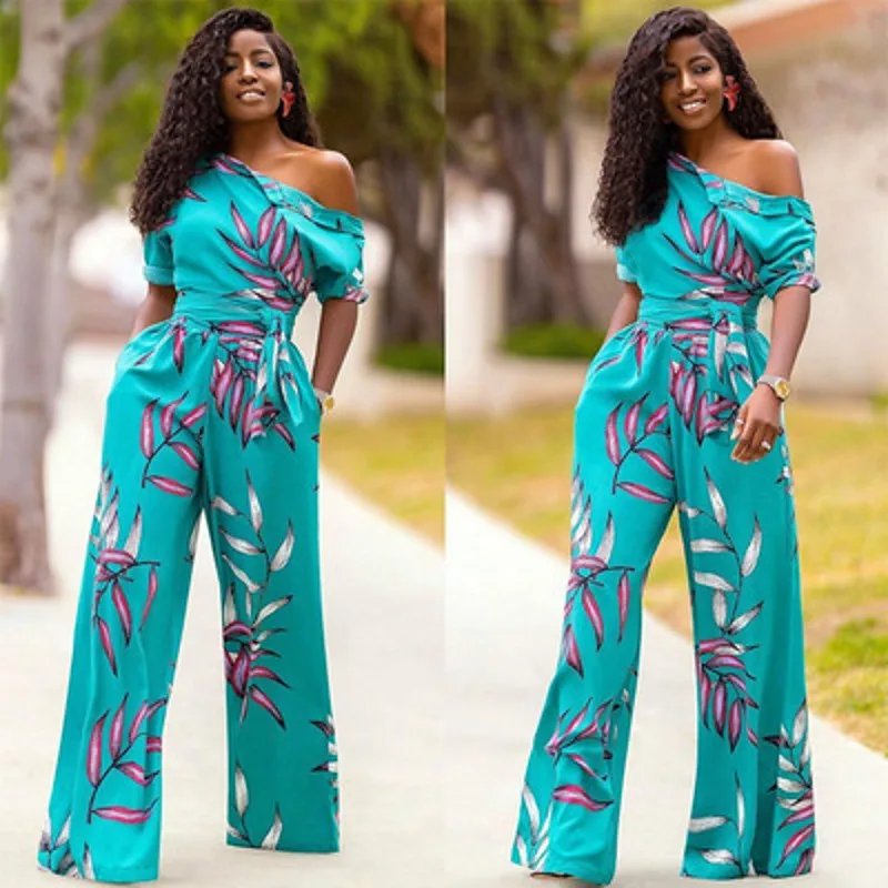 African Clothing For Women Dashiki New Fashion Slim Slant Shoulder Jumpsuit Loose Short Sleeve Sexy Trendy Jumpsuit Summer 2021