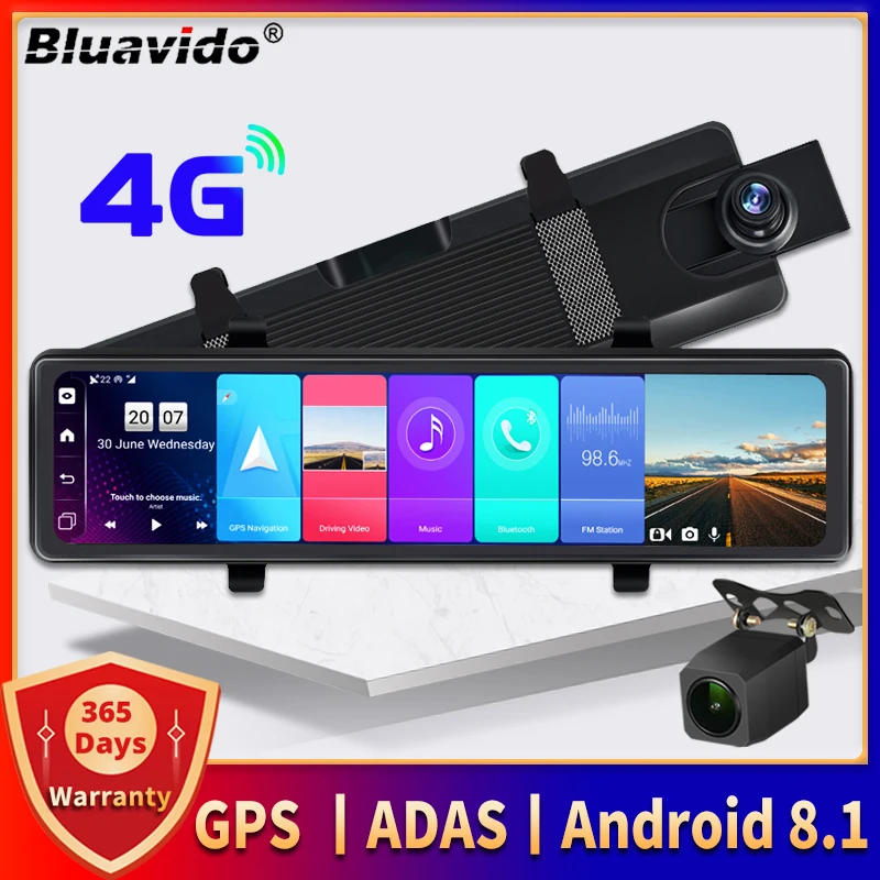 Bluavido 12 Pollici Specchio Per Auto Dvr Dual Camera Recorder 4G Adas Navigazione Gps Android 1080P Dash Cam Registratore Video Automatico Wifi