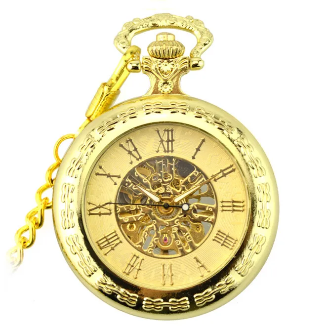 

5pcs/lot Vintage Mechanical Pocket Fob Watch Gold With Chain Retro Skeleton Mens Steampunk Mechanical Clock Necklace Watch