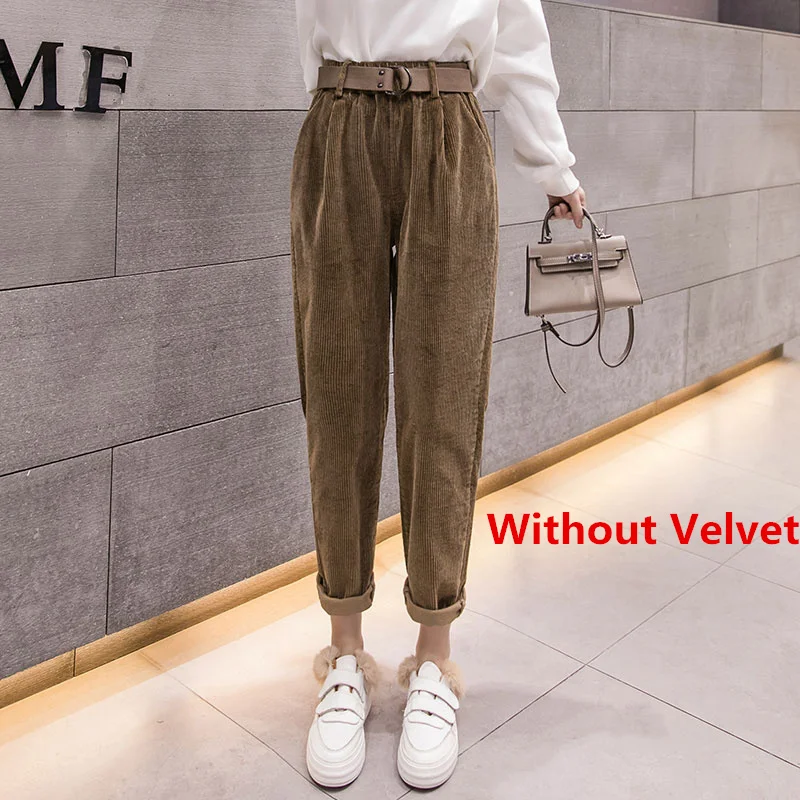 coffee no velvet Повседневные вельветовые Теплые штаны для женщин, осенне-зимние штаны-шаровары с поясом, уличная одежда размера плюс, женские брюки 3XL C5984 - Цвет: coffee no velvet