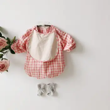 

Summer Baby Girl Bodysuit Cotton Long-sleeved Plaid Print Bodysuit Kids Newborn Baby Climbing Clothes Free Baby Bibs