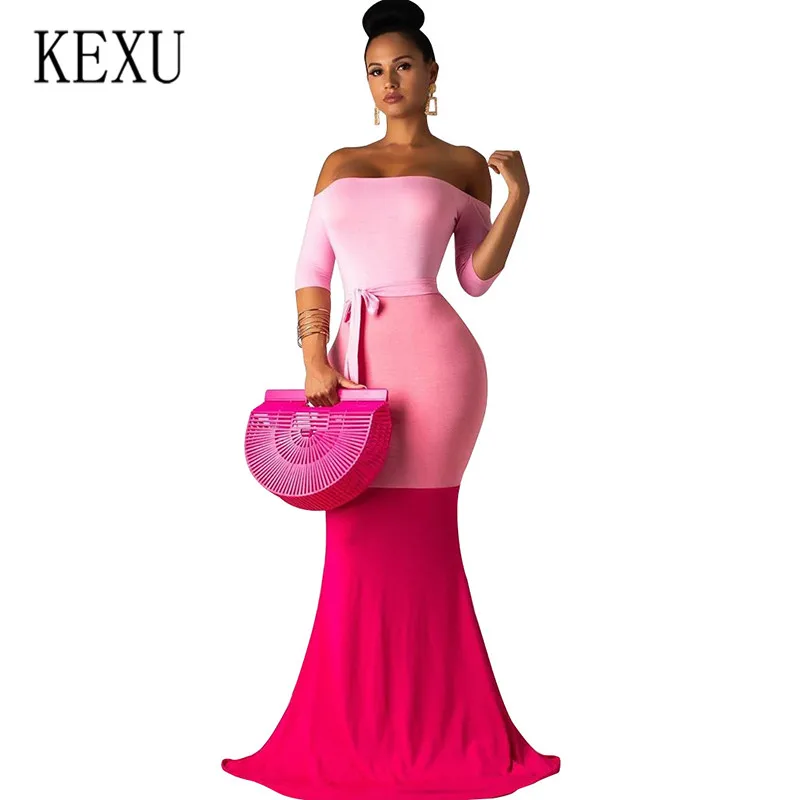 

KEXU New Patchwork Color Boho Long Maxi Dress Sexy Off Shoulder Summer Beach Casual Holiday Femme Dresses Women Club Dress