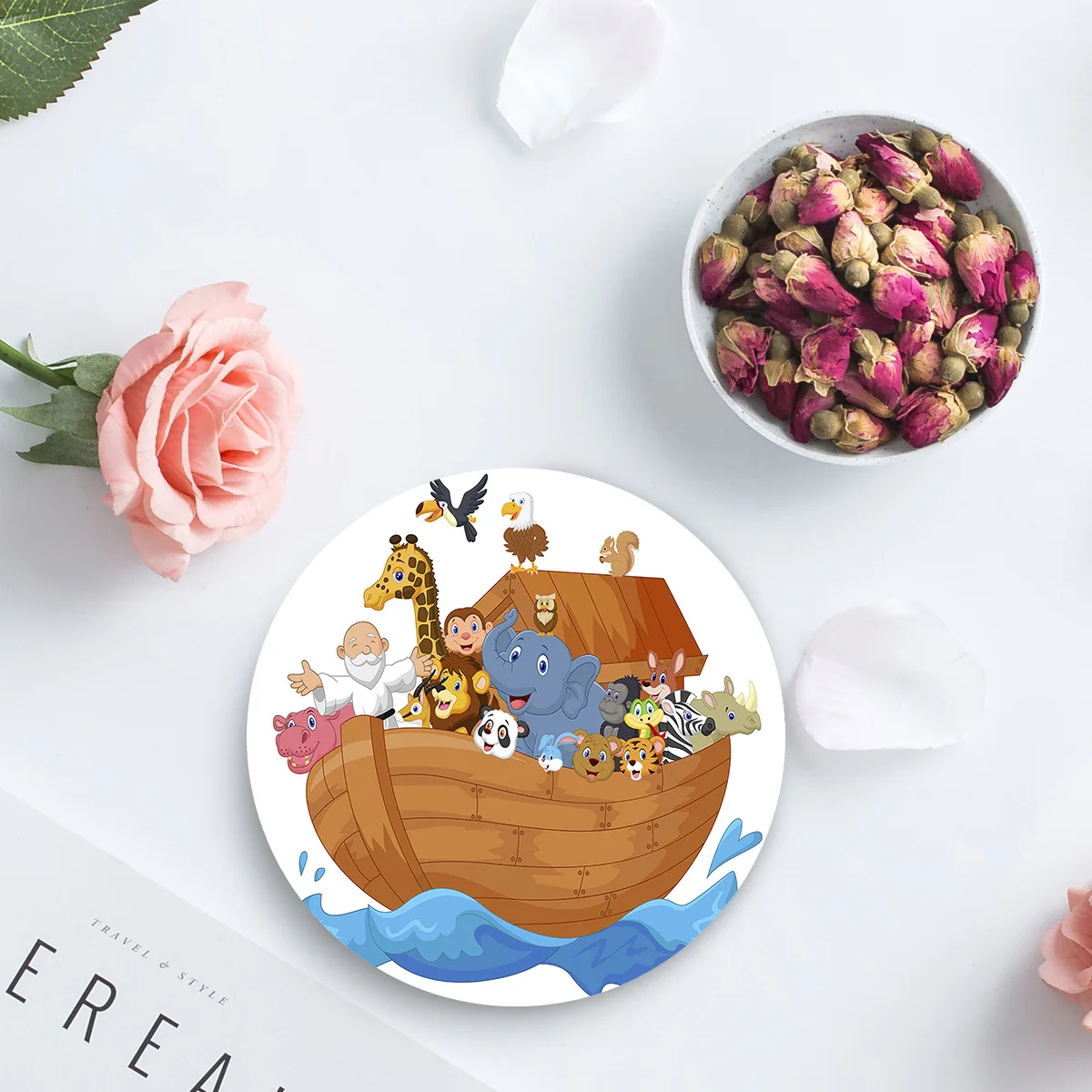 Noah'S Ark, мультяшная лодка, животное, керамическая подставка, подстаканник, коврики для кружки для напитков, нескользящая подстилка, настольные украшения для дома, кухонный инструмент