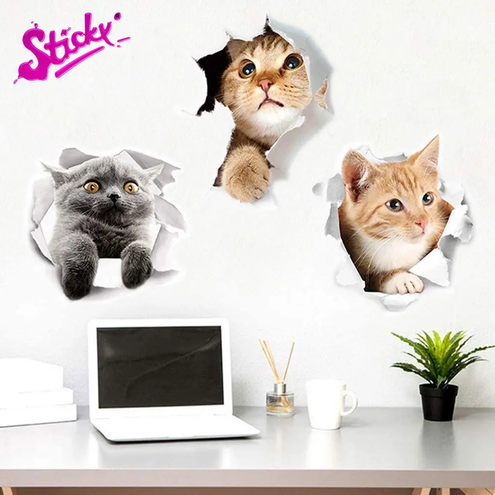 

STICKY 3D Cute Kitty Closestool Wall Car Stickers Kids Bedroom Cartoon Cat Refrigerator Deocration Sticker Rear Windshield