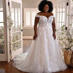 Off-The-Shoulder Zipper Back Wedding Dresses for African Women 2022 Applique Floor-Length Court Train V Neck  Vestido de novia