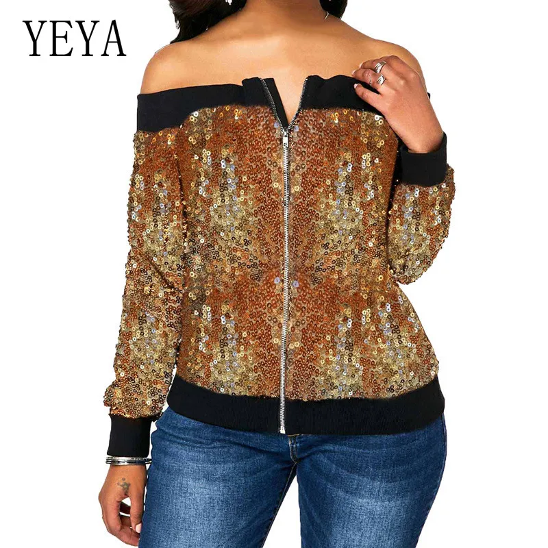 YEYA размера плюс 4XL 5XL модная Блестящая футболка с длинным рукавом топ сексуальный с открытыми плечами на молнии бодикон черные красные золотистые футболки