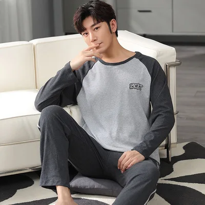 New spring and autumn men's pajamas two-piece pajamas knitted cotton casual loose boys home clothes fashion men's clothing best mens pajamas Men's Sleep & Lounge