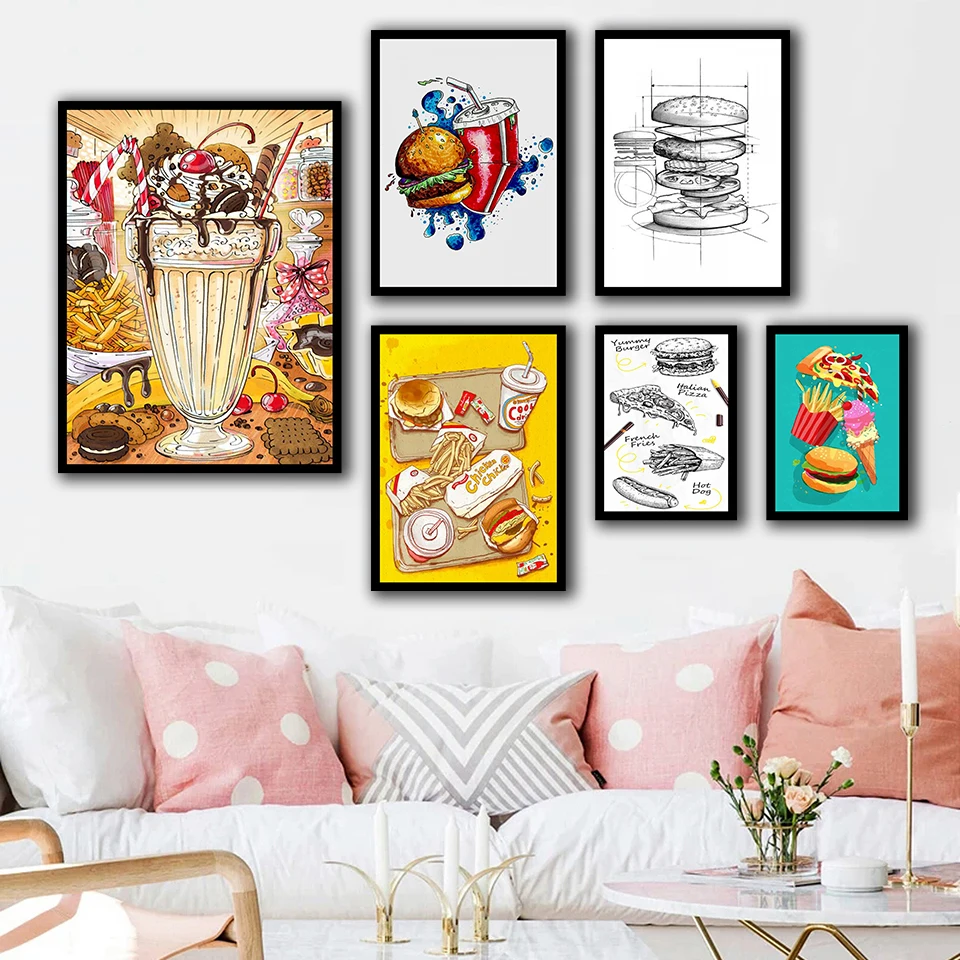 Плакаты в скандинавском стиле, домашний декор, настенное искусство, еда, гамбургер, кокс, пицца, холст, живопись, Кухонное украшение, современные модульные картины