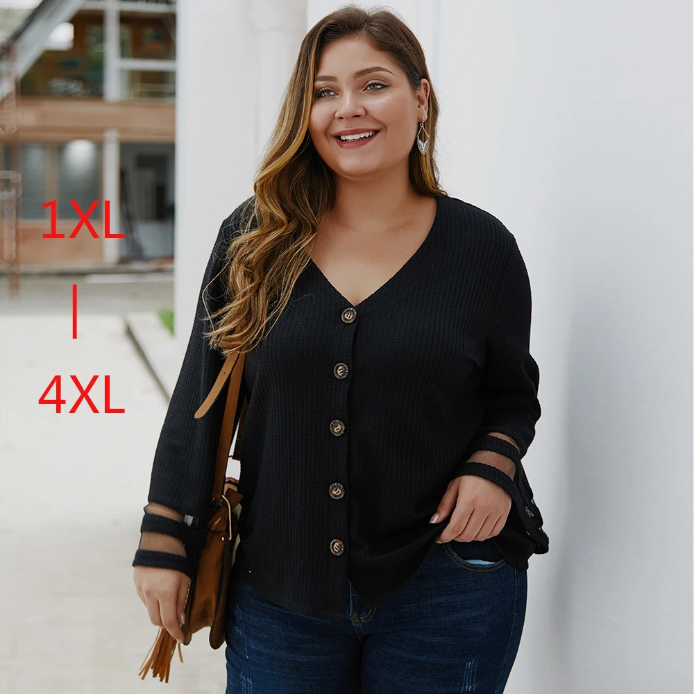 Plus Size Women Knitted Sweater Fashion Long Sleeve Black Mesh Patchwork Buttons Cardigan Casual Solid Office Lady Tops |