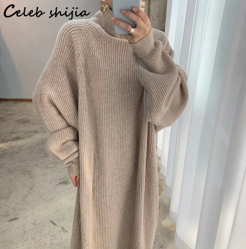 Retro Turtleneck Woolen Dress for Women Thicken Striped Autumn 2021 Oversized Long Knit Dresses Female Winter Sweater Clothing | Женская