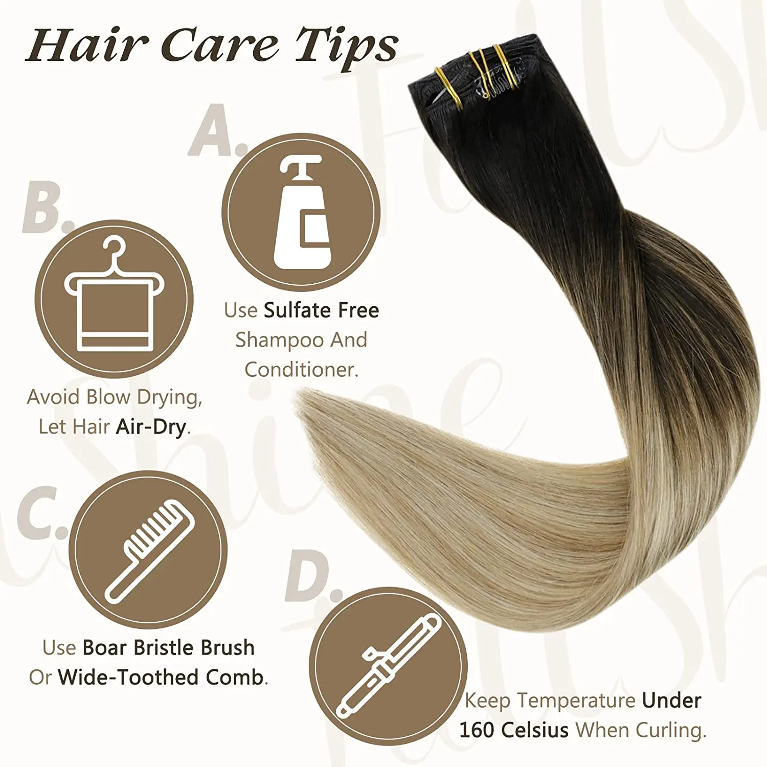 Full Shine Clip In Human Hair Extensions Balayage Ombre Blonde Black Hairpins 7pcs 120g Double Weft 100% Machine Remy For Woman hair extensions