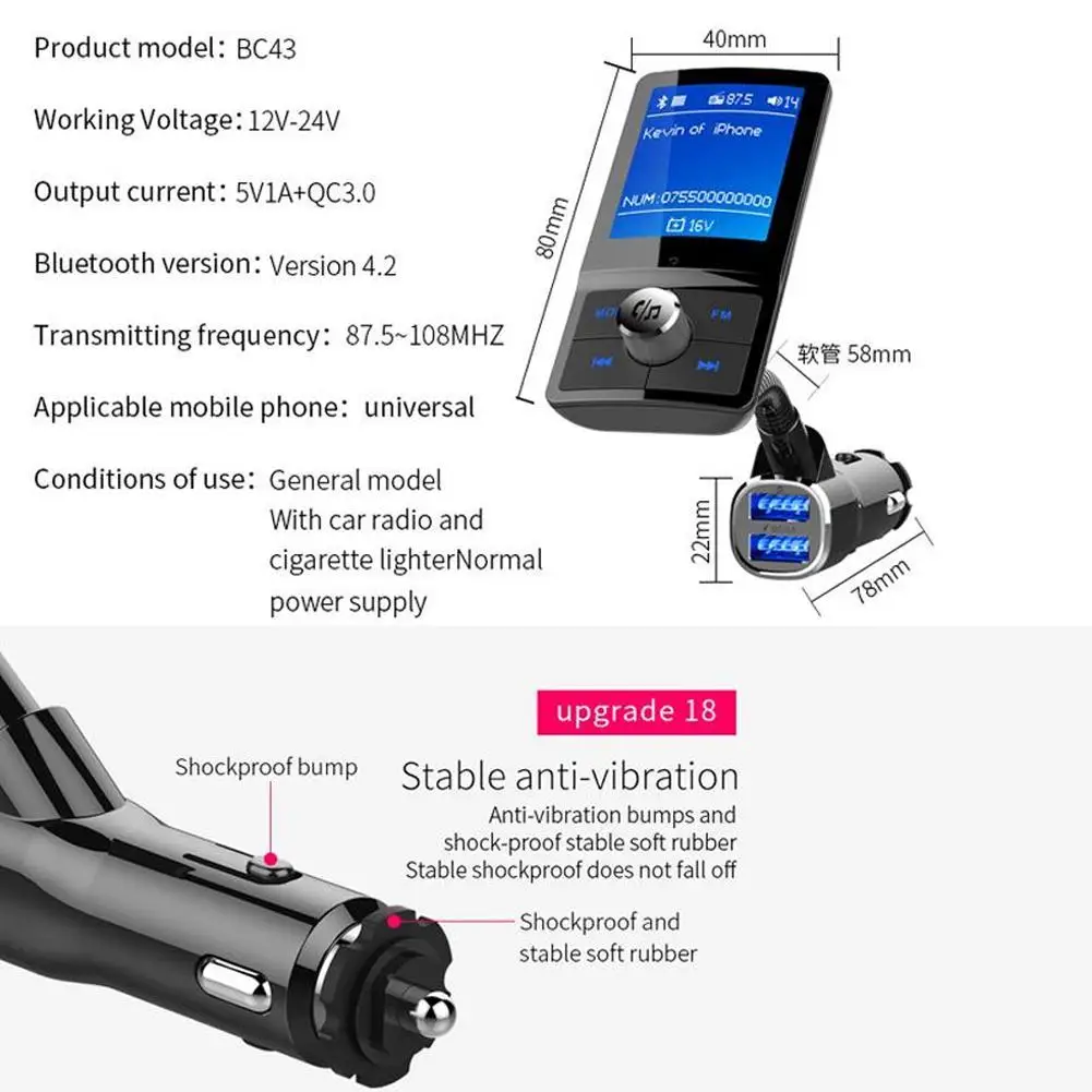 BC43 Bluetooth fm-передатчик ЖК-гарнитура автомобильный комплект MP3 плеер QC3.0 USB зарядное устройство автомобильные аксессуары авто FM модулятор