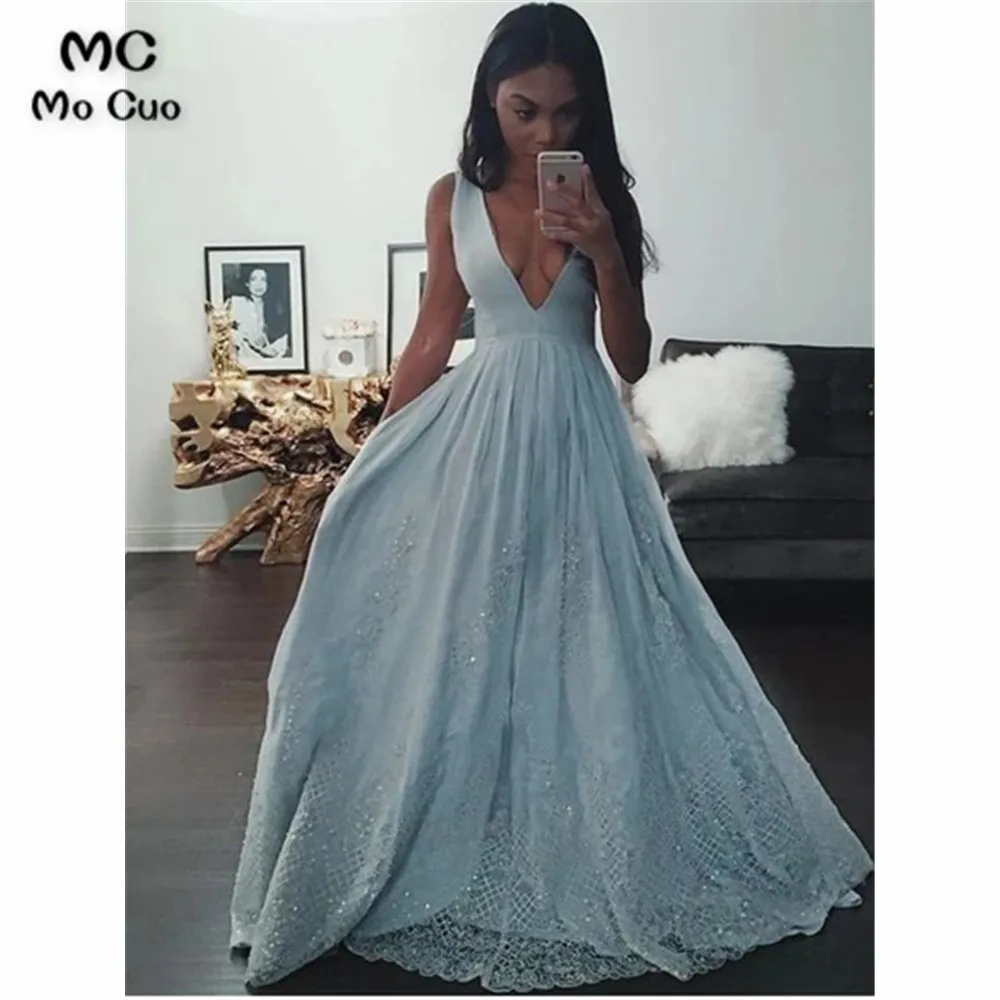 Illusion Light Blue A-line V Neck Long Prom Dresses With Lace Appliques,Evening Party Dress (1)