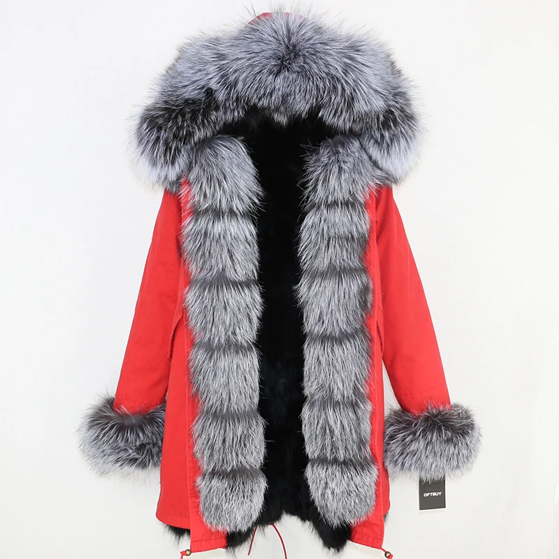 red silver F Женская парка на натуральном меху OFTBUY, черное пальто с натуральным лисьим мехом, с капюшоном с отделкой из меха енота, толстая теплая уличная одежда, зима - Цвет: red silver F