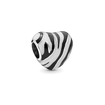 

Real 925 Sterling Silver Bead Zebra Black And White Striped Heart-shaped Beads Fit Original Pandora Bracelet For Women Jewelry