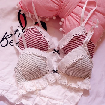 

Small Fresh Women's Retro Stripe Bra & Panty Set Korean Sexy Lolita Soft Girl Lace Hollow Out Underwear Suit 3Colors
