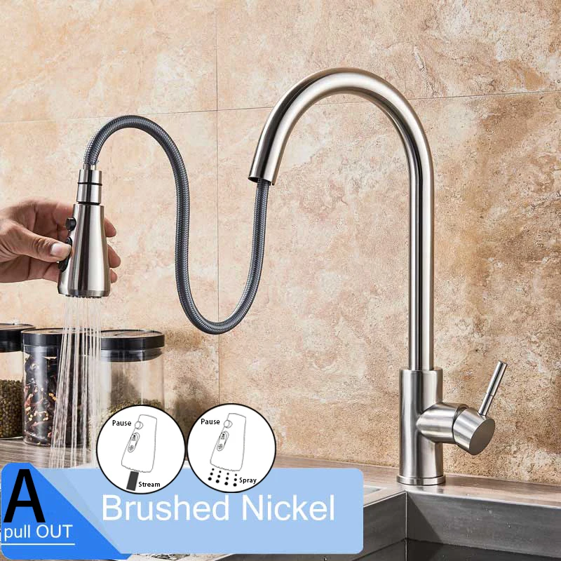 Brushed Nickel A Матовый никель смеситель кран на одно отверстие выдвижной носик кран и смеситель для кухонной раковины с струей распылитель головка хром/черный кухонный кран - Цвет: Brushed Nickel A