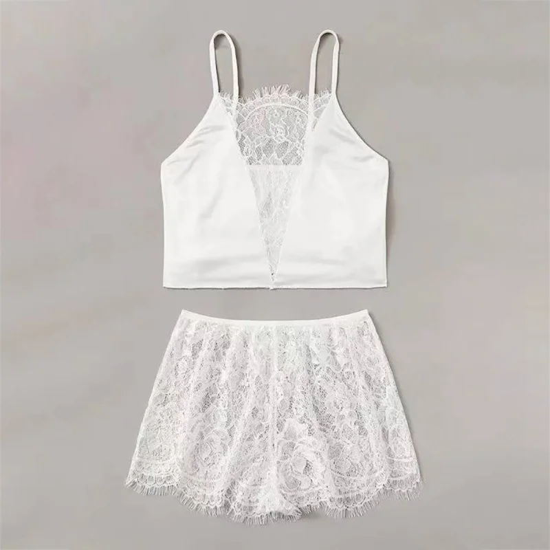 

Women Pajamas Sets Lingerie Micro Bikini Summer Women Sleepwear Sexy Lace Crop Tops + Shorts Lingerie Pyjamas Home Wear W1