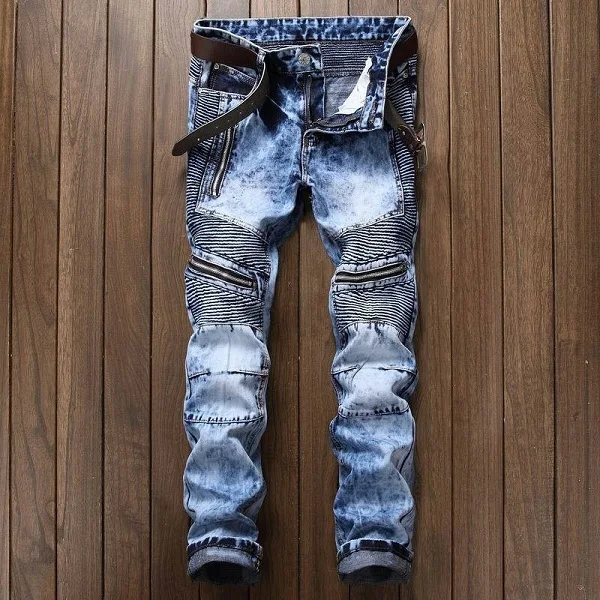 Turquoise Новые модные мужские байкерские Джинсы Брюки Slim Fit плиссированные мотоциклетные джинсовые брюки брендовые дизайнерские мульти молнии Прямые мото брюки - Цвет: Turquoise