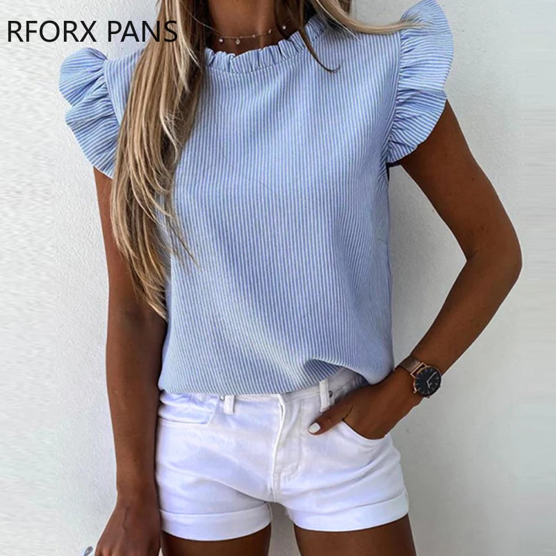 Women Chains Striped Ruffle Sleeve Top Shirt Casual Elegant Blouse photo