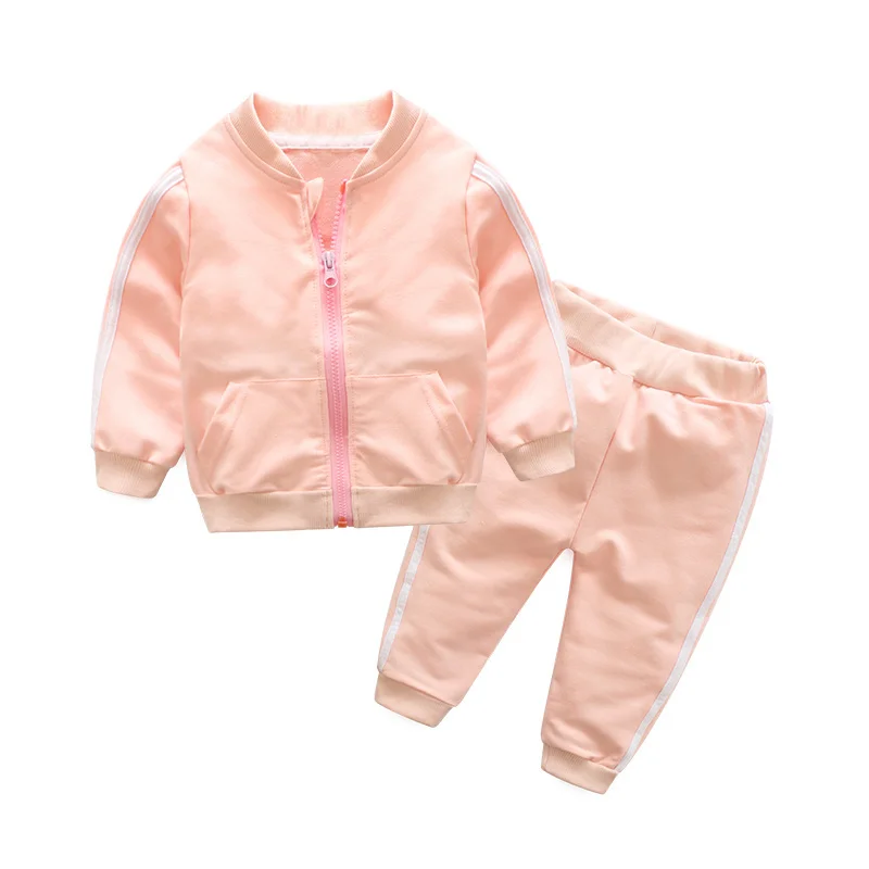 Комплекты одежды для маленьких мальчиков и девочек повседневная одежда с длинными рукавами для новорожденных пальто на молнии+ штаны, спортивный костюм из 2 предметов комплект с курткой и брюками для младенцев - Цвет: Pink