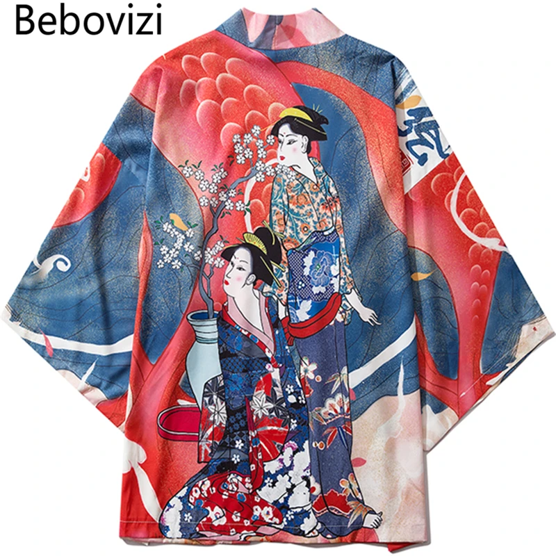 

Bebovizi Japan Style Ukiyo-e Print Men Streetwear Kimono Cardigan Robe Women Haori Obi Japanese Tradition Kimonos Clothes