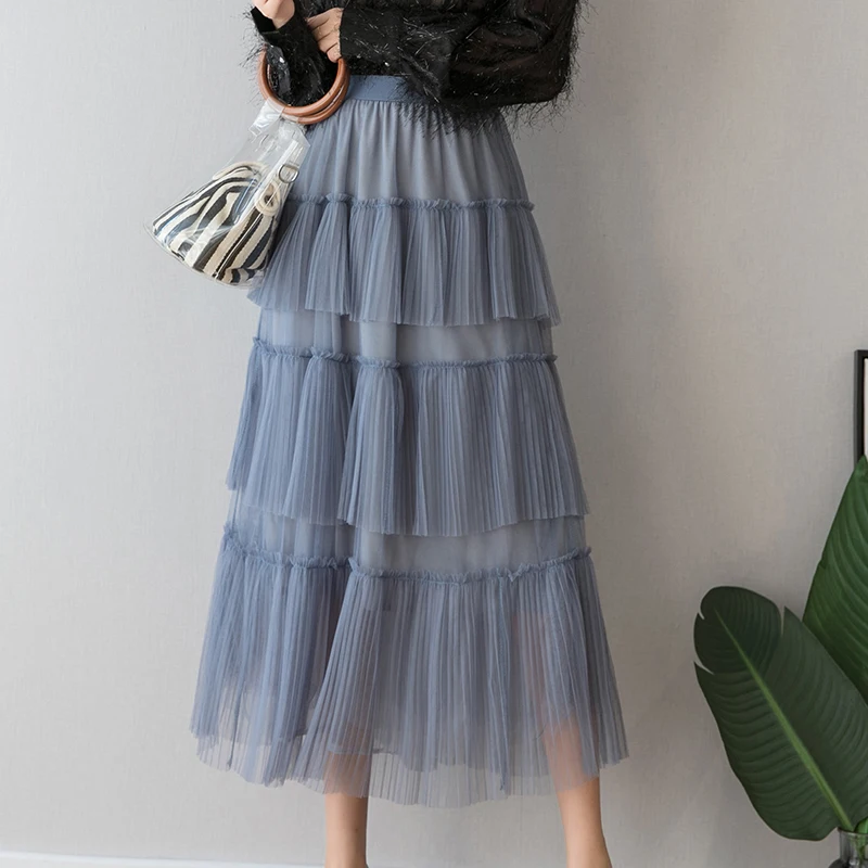

New Women Skirt Cascading Ruffled Stitching Long Thin Mid-calf Empire Skirt Female Pleated Skirt Middle Swing A-line Skirt