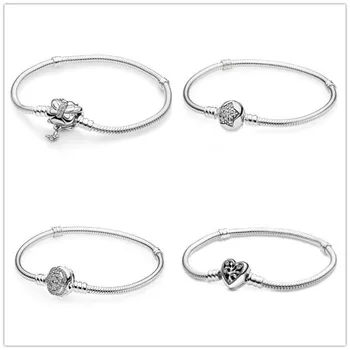

925 Sterling Silver Bracelet Moments Decorative Butterfly Clasp Snake Chain Bangle Fit Bead Charm Pandora Jewelry