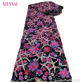 

XIUYSAI velvet lace fabric high quality African french lace fabric with colorful sequins Nigerian lace for party S1316