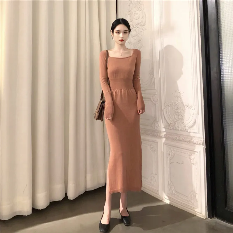 

10-24 New Style Square Collar Slim Fit Mid-length Long Sleeve Jersey Dress Women's Elegant Elegant Solid Color Base Skirt Autumn