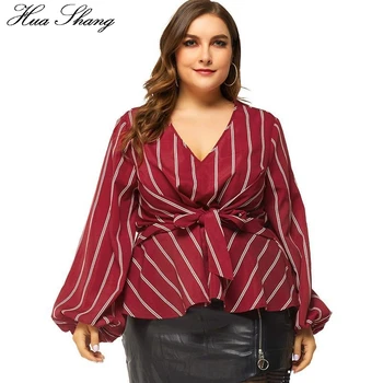 

Red Striped Blouse Shirt Plus Size Women Summer V Neck Lantern Long Sleeve Casual Blouse Bow Tie Front Elegant Ladies Tops