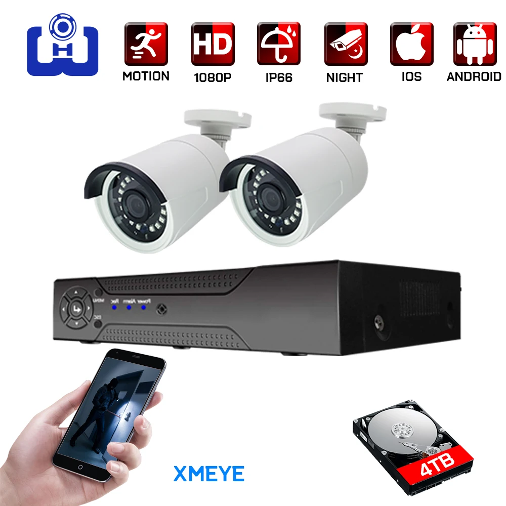2ch 1080P AHD комплекты системы видеонаблюдения CCTV безопасности Гибридный DVR наружная металлическая пуля AHD камера видеонаблюдения P2P XMEYE 2MP комплекты