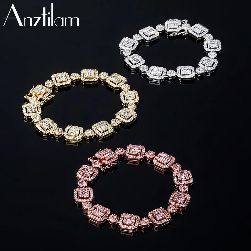 

12mm High-Quality Seamless Hip Hop Square Bread Chain Bracelet Bling CZ Stone Paved Iced Out Miami Link Chain Bracelet for Men