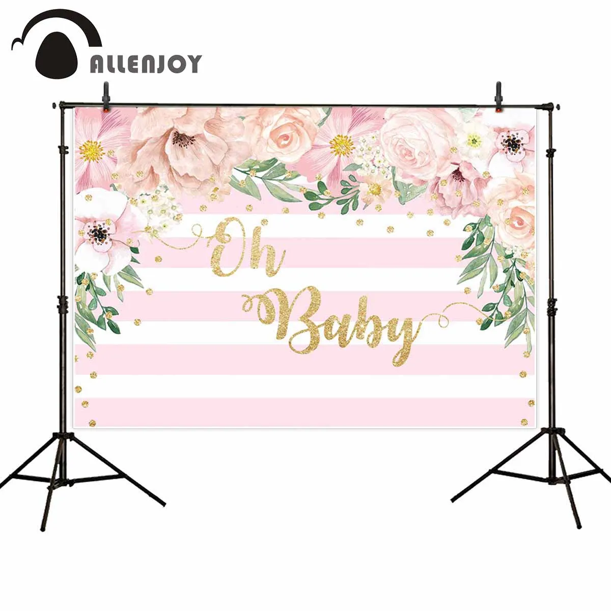 Allenjoy Newborn Child Party Banner Decor White Pink Stripe Flower Leaves Shine Dots Photocall Curtain Birthday Event Background