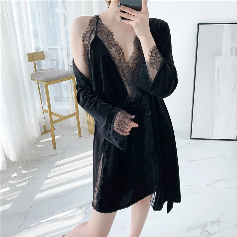 Winter New 2 Pcs Gold Velvet Robe Set Keep Warm Thicken Woman Spaghetti Strap Robe Twinset Bathrobe